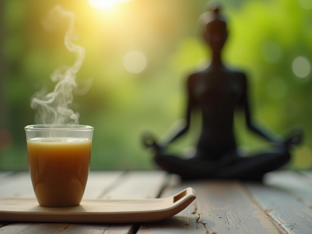 A cup of green tea with a person meditating in the background, representing relaxation and focus.