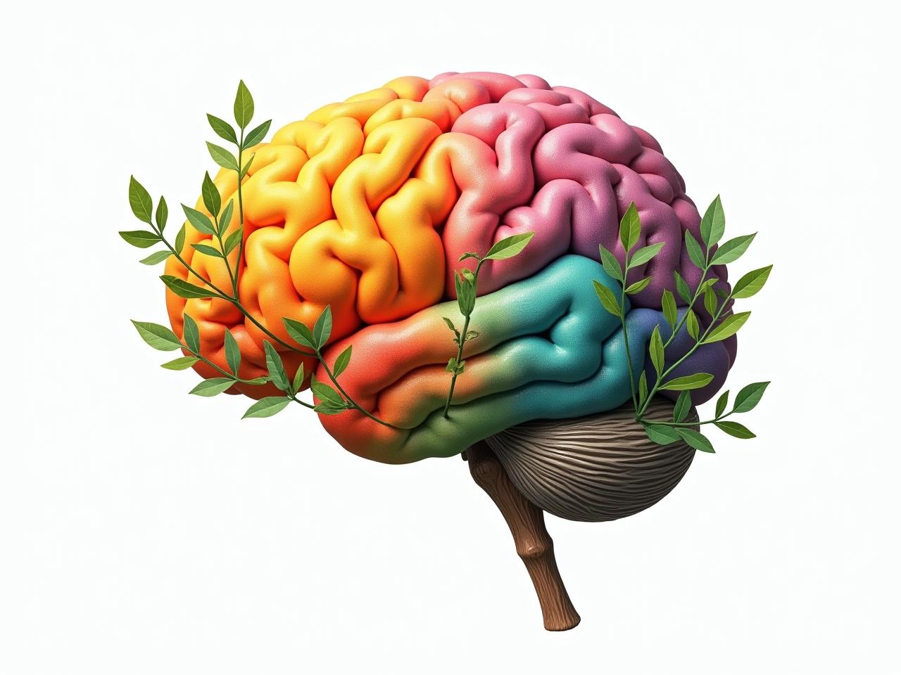 Image showing a brain overlaid with colorful, healthy foods and calming nature elements.