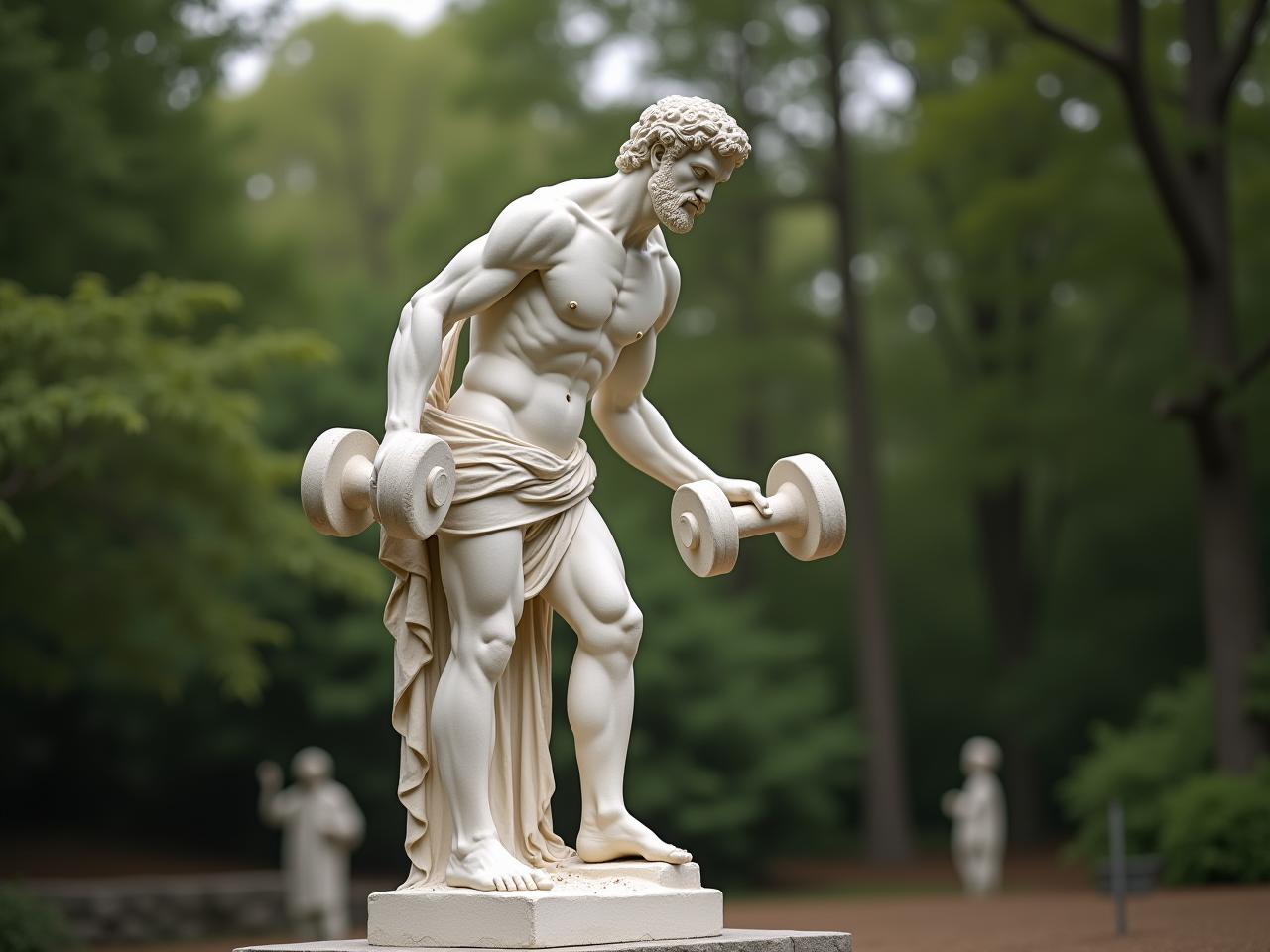 Ancient Greek statue lifting a light dumbbell in a natural environment.