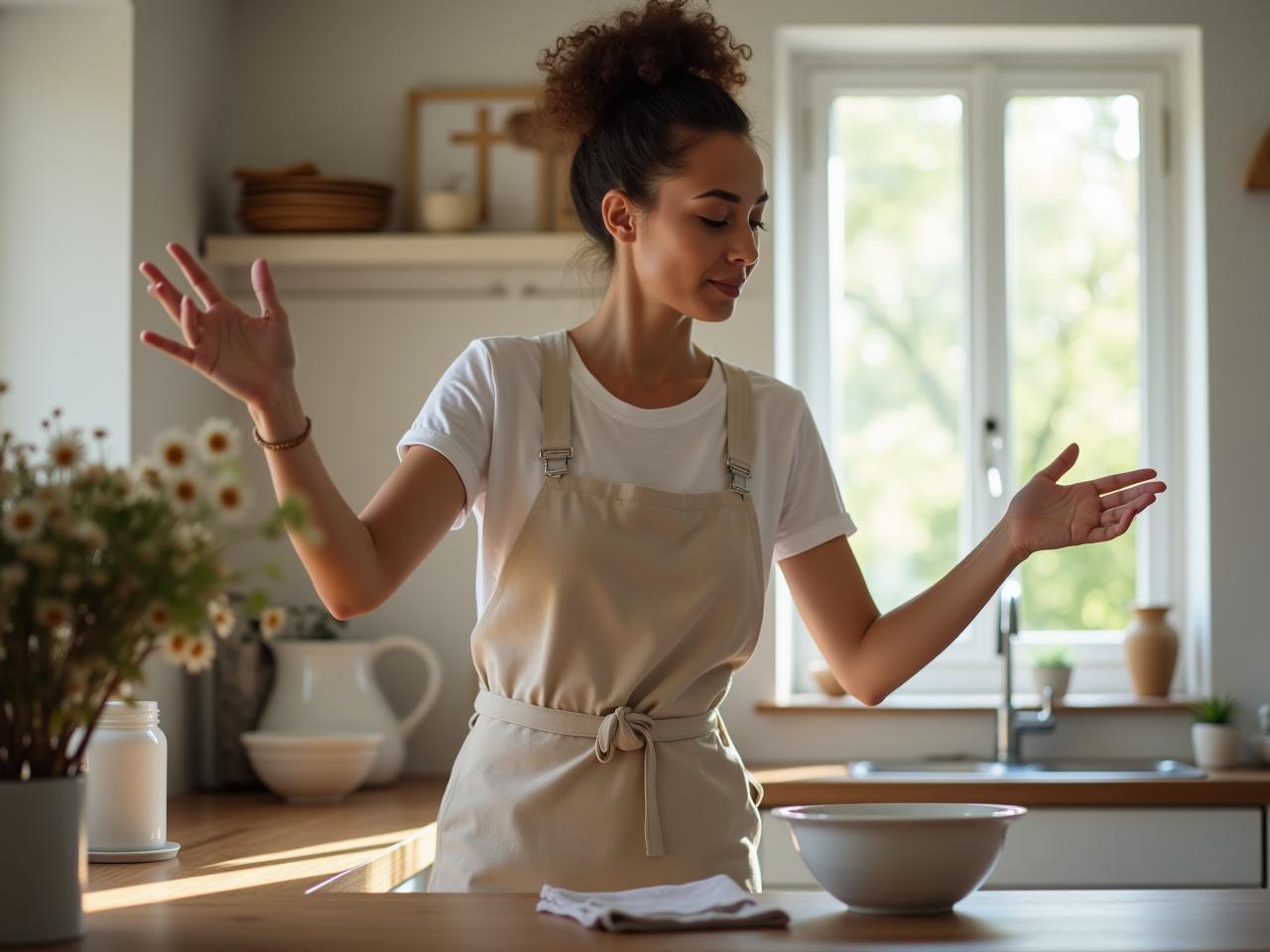 Woman dancing gently while cleaning dishes in her kitchen.