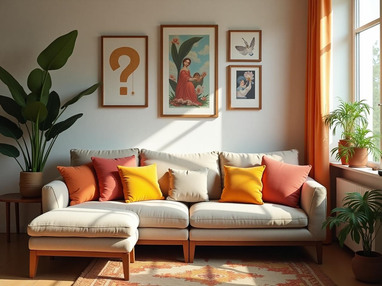 A cozy living room with colorful cushions, plants, and artwork on the walls.