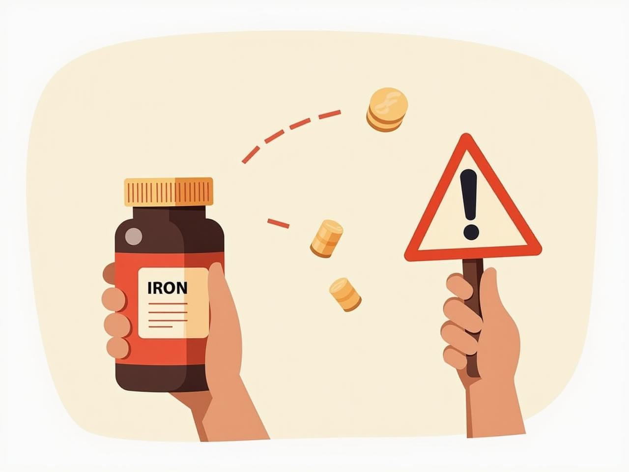 A hand holding a multivitamin bottle with a warning sign next to it, symbolizing the potential risks of excessive iron intake.