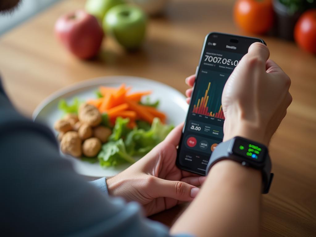 A person wearing a smartwatch and checking their health data on their phone, with a healthy food plate in the background.