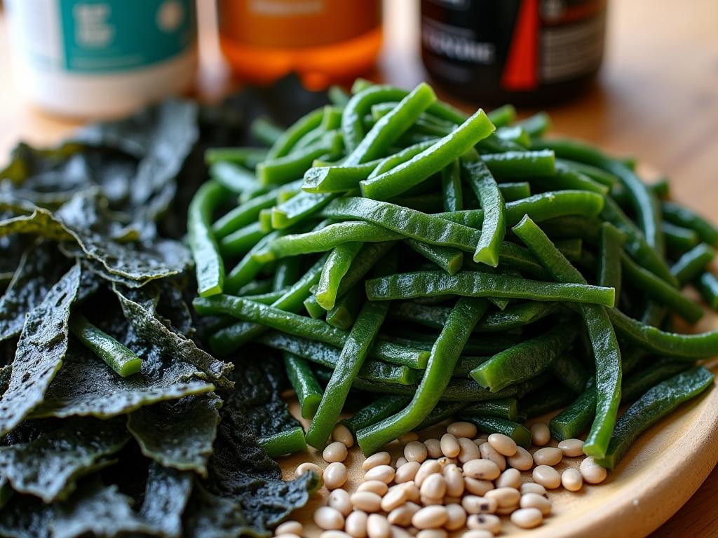 Close-up of various types of seaweed, including kombu, wakame, and nori, alongside bottles of fucoidan supplements.