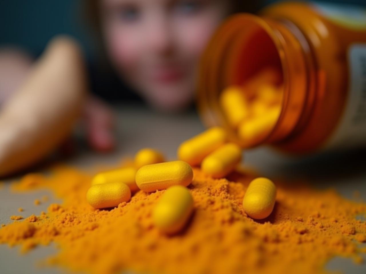 Close-up of turmeric powder and curcumin capsules with a person in the background looking thoughtfully at the ingredients.