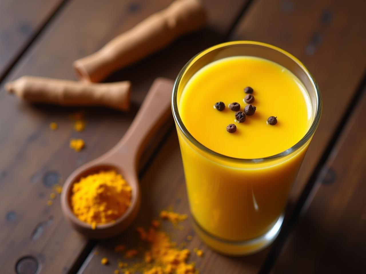 Golden milk with turmeric and black pepper on a wooden table.