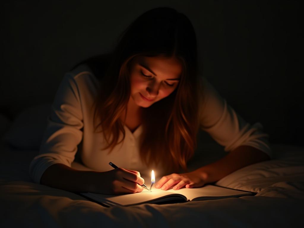 A peaceful scene of someone journaling by candlelight before bed, promoting the idea of emotional processing for better mental health.