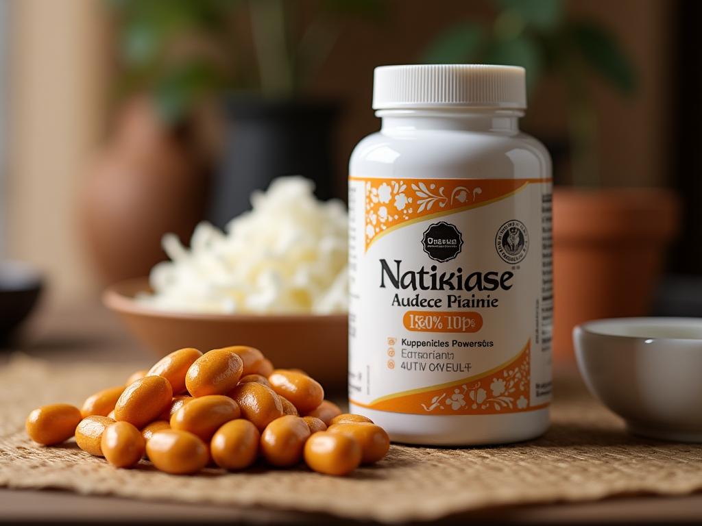 A close-up shot of Natto, a traditional Japanese food, next to a bottle of Nattokinase supplement pills. The image symbolizes the connection between food and brain health.