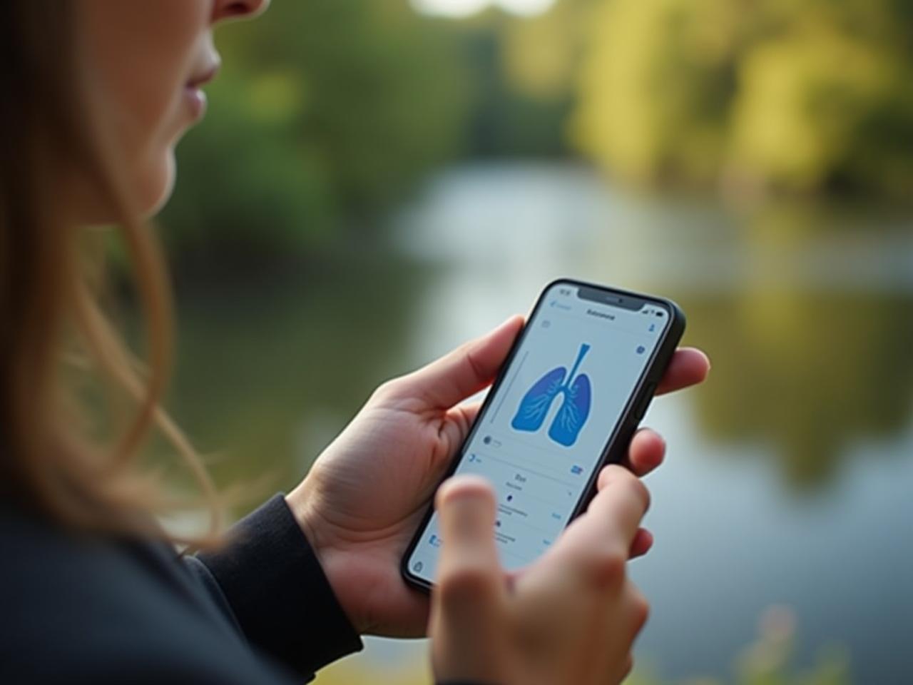 A person using a smartphone app to analyze their breathing patterns, with a background of a calming natural scene.