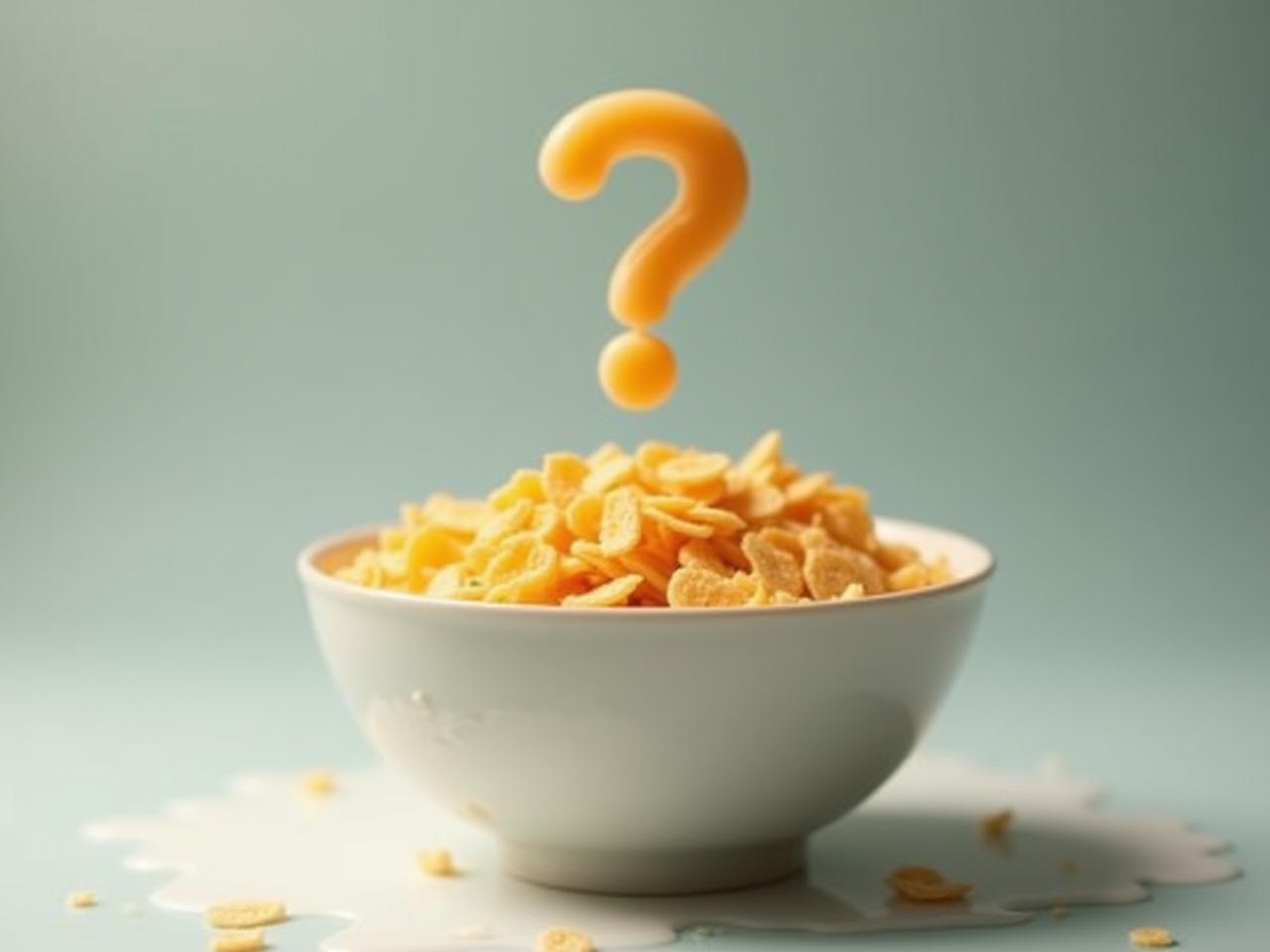 A bowl of cornflakes with milk, with a question mark hovering above it.