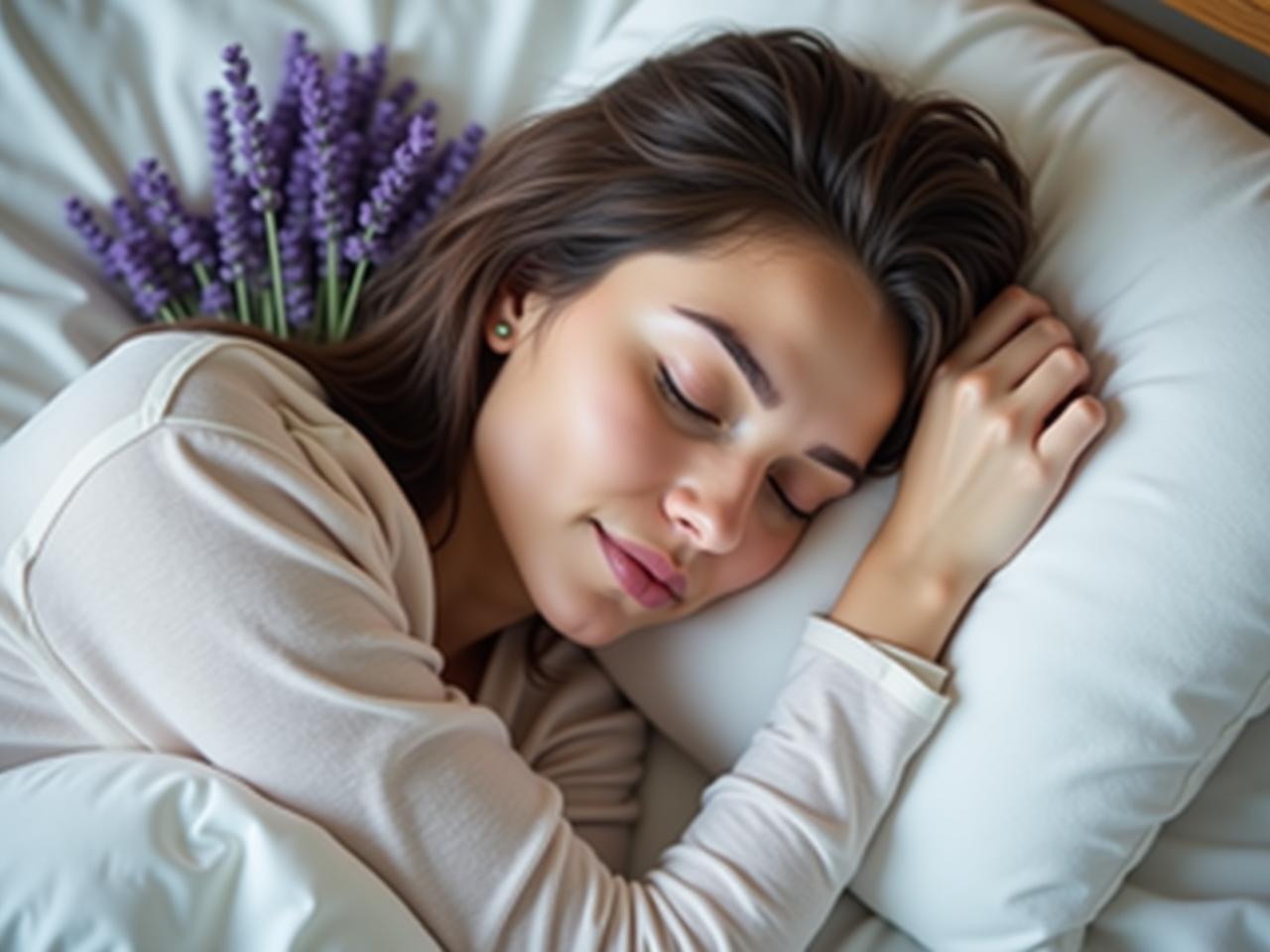 A serene image of a woman sleeping peacefully with lavender flowers around her pillow.