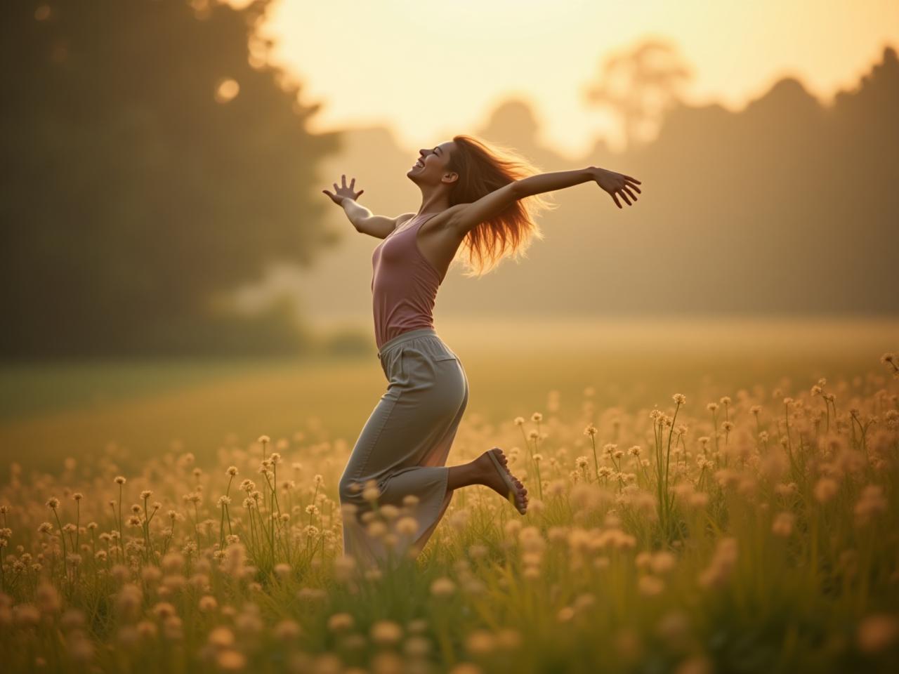 A person moving freely in nature, expressing joy and connection with their body.