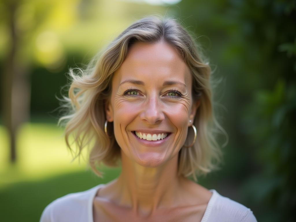 Portrait photograph of a peaceful woman in her mid-40s with expressive eyes and a gentle smile, standing in a tranquil garden.