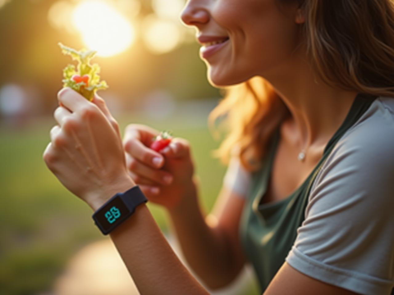 A person wearing a fitness tracker while eating a healthy salad, with a backdrop of a sunny outdoor scene.