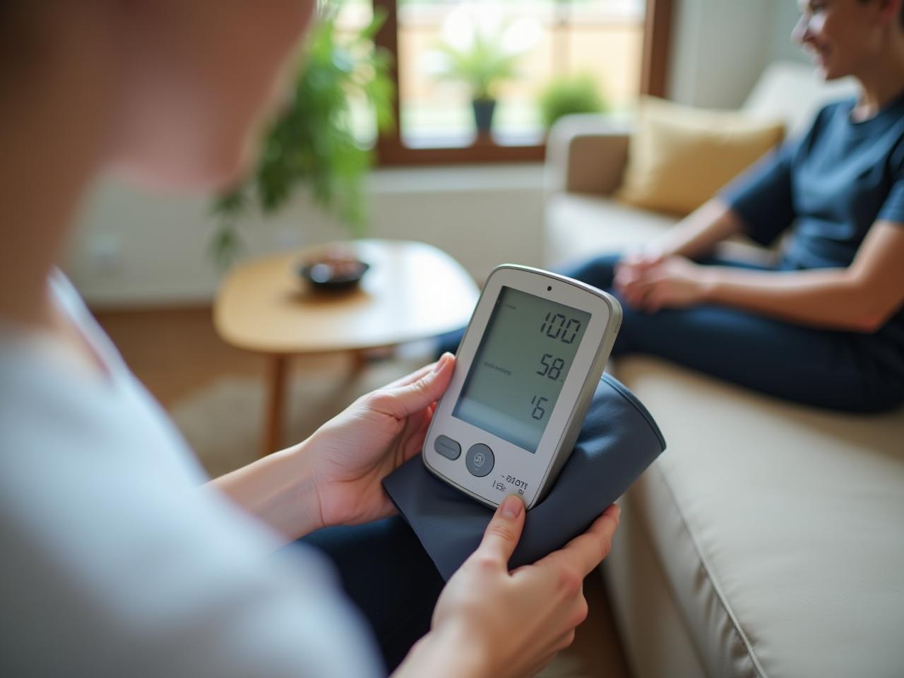 A person measuring blood pressure at home with a home blood pressure monitor.