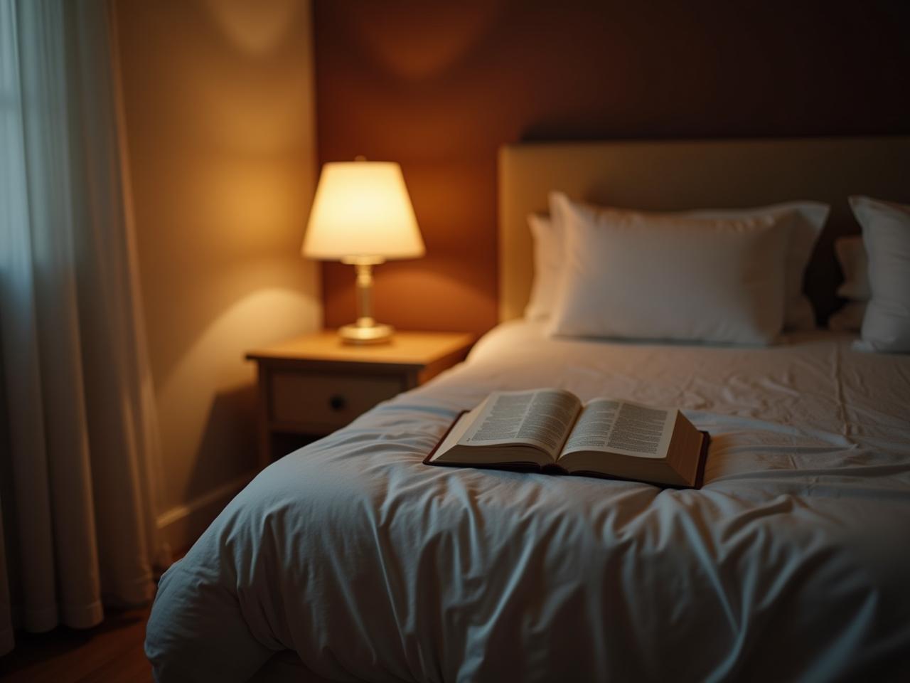 A cozy bedroom with soft lighting, comfortable bedding, and a book on the nightstand, creating a serene and inviting atmosphere for a good nights sleep.