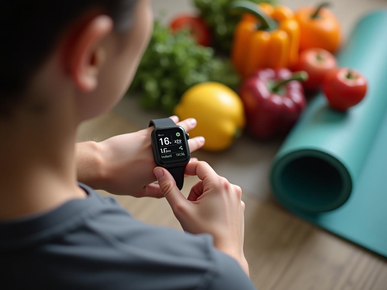 A person wearing a smart watch and looking at the data on the screen, with a background of healthy lifestyle elements like fruits, vegetables, and a yoga mat.