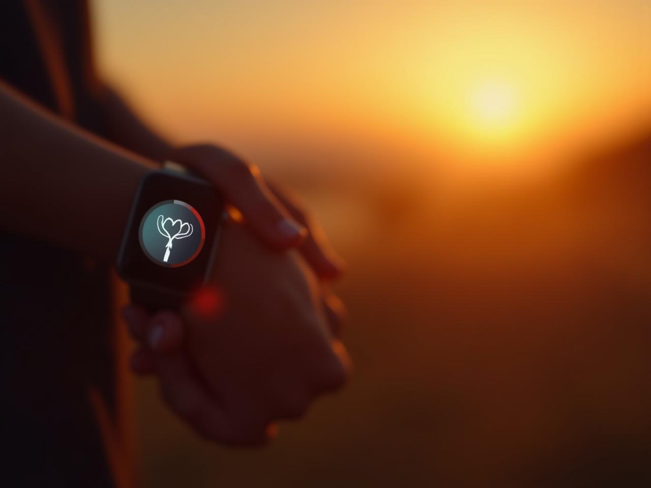 A close-up of a smart watch displaying HRV data, with a healthy heart symbol overlayed, set against a background of a serene sunrise landscape, suggesting early detection and proactive health management.