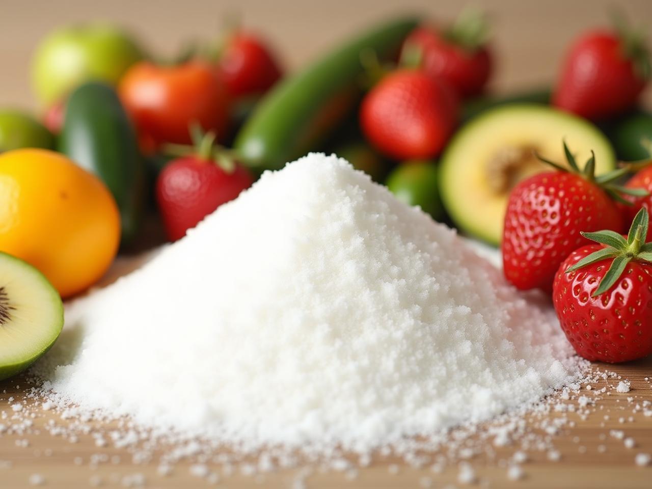 A pile of white sugar next to fresh fruits and vegetables, symbolizing the contrast between processed sugar and natural foods.