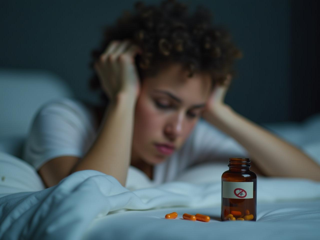A person struggling to sleep in bed with a bottle of tryptophan pills nearby.