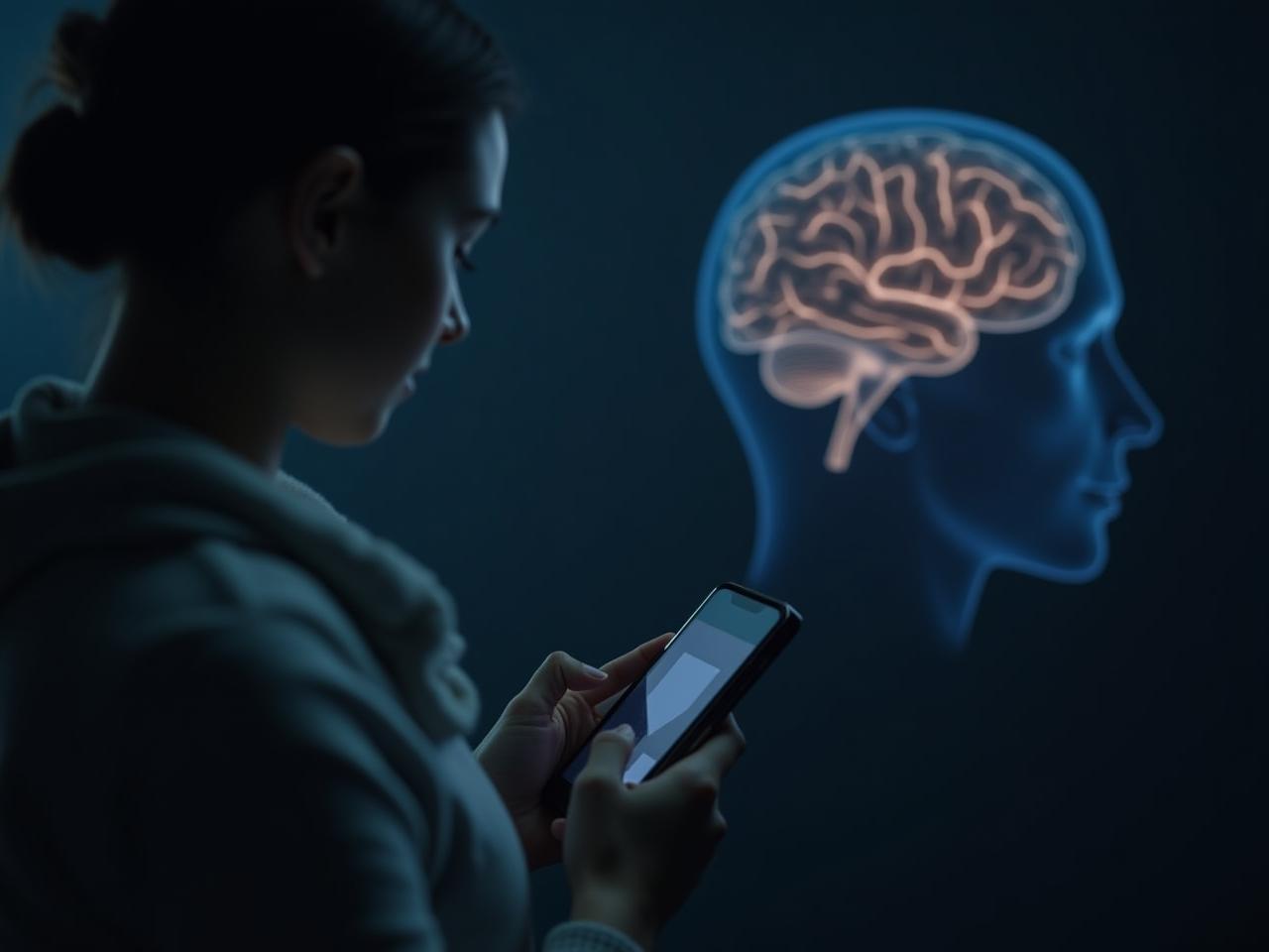 A person looking at a smartphone screen, with a brain image slightly faded in the background to symbolize the impact of excessive smartphone use on brain health.