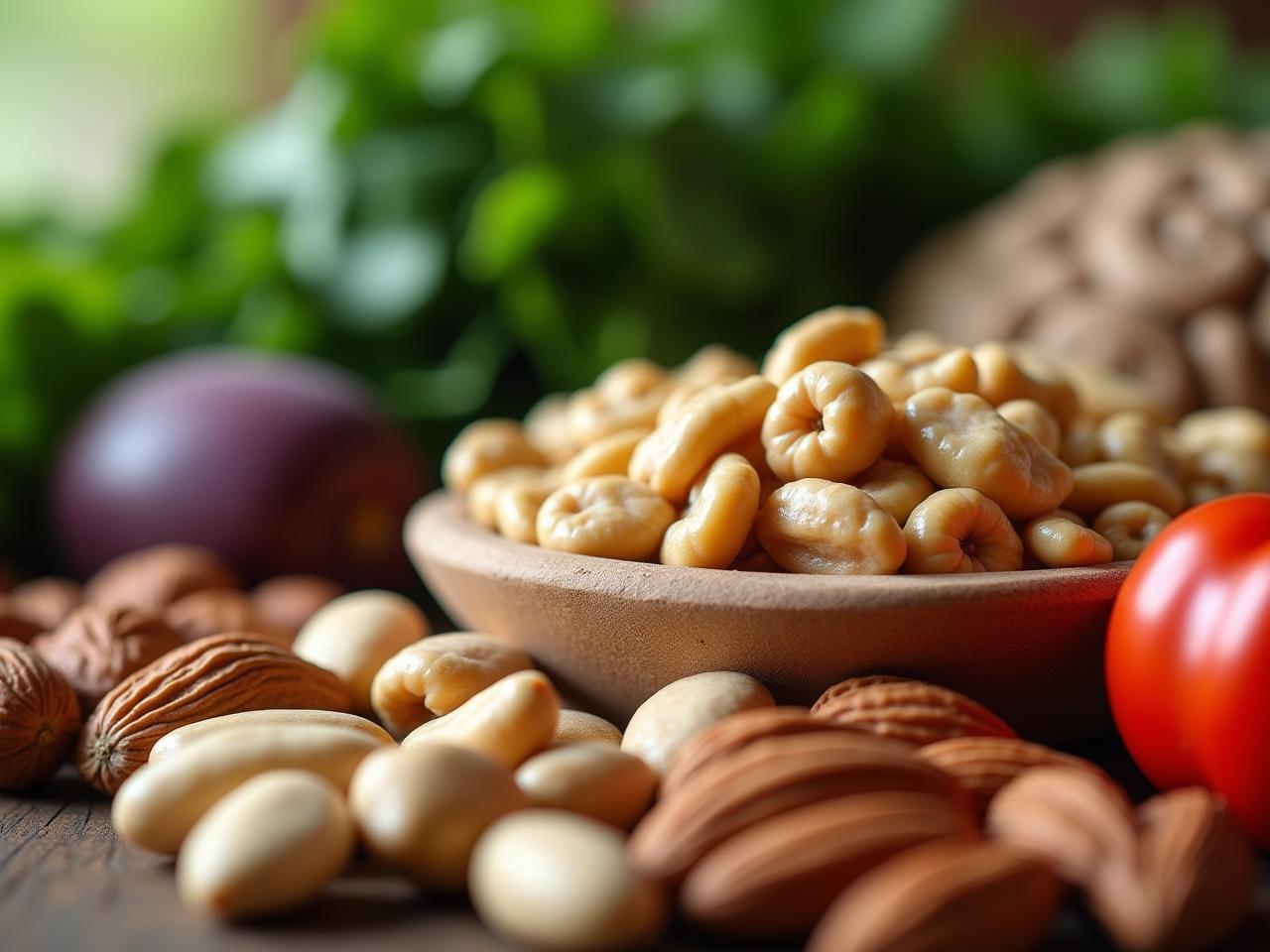 A close-up shot of various foods rich in magnesium, such as leafy greens, nuts, and seeds, with a caption about the benefits of magnesium for brain health.