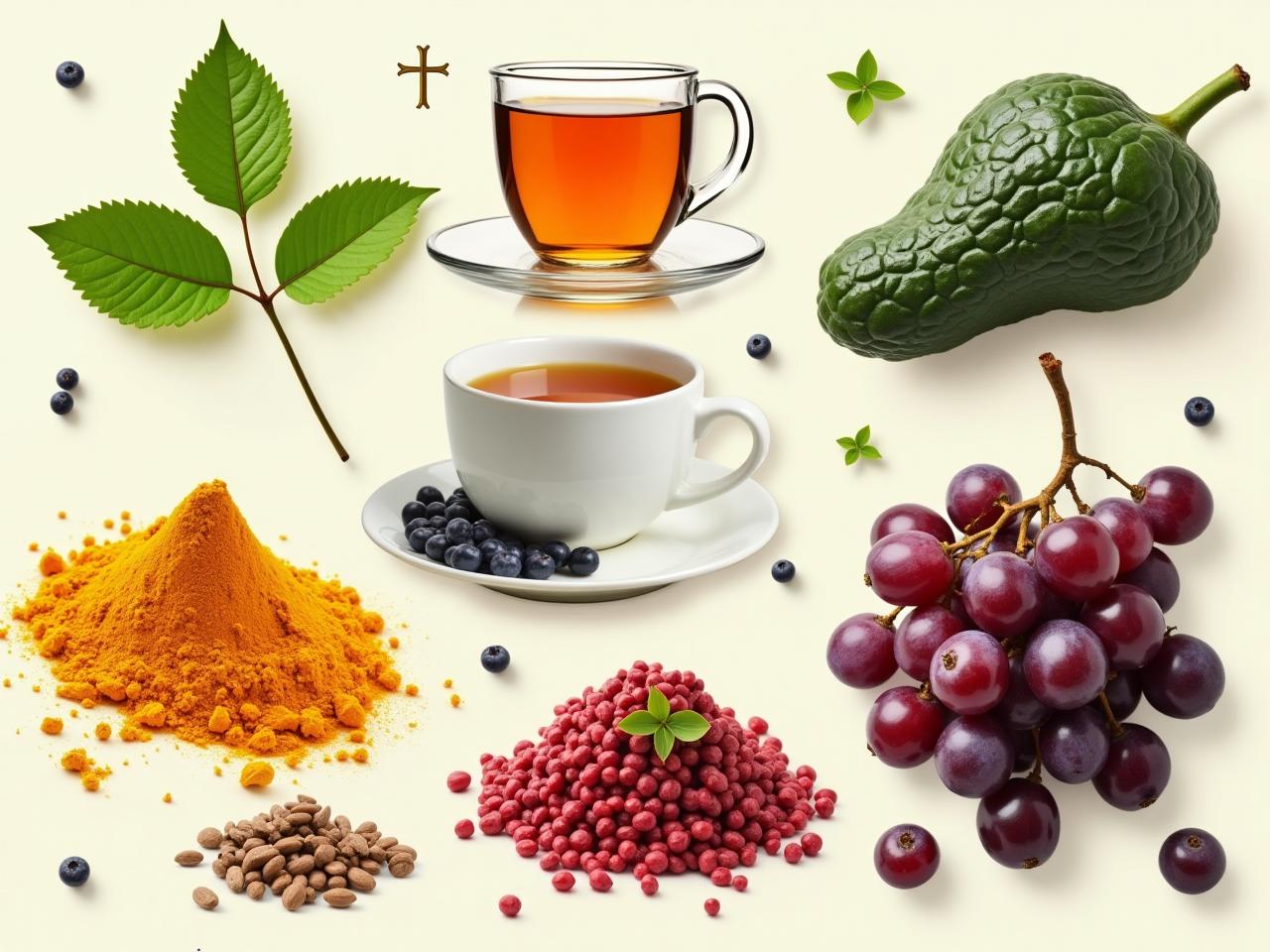 A collage of different polyphenol-rich foods like green tea, turmeric, grapes, and berries.