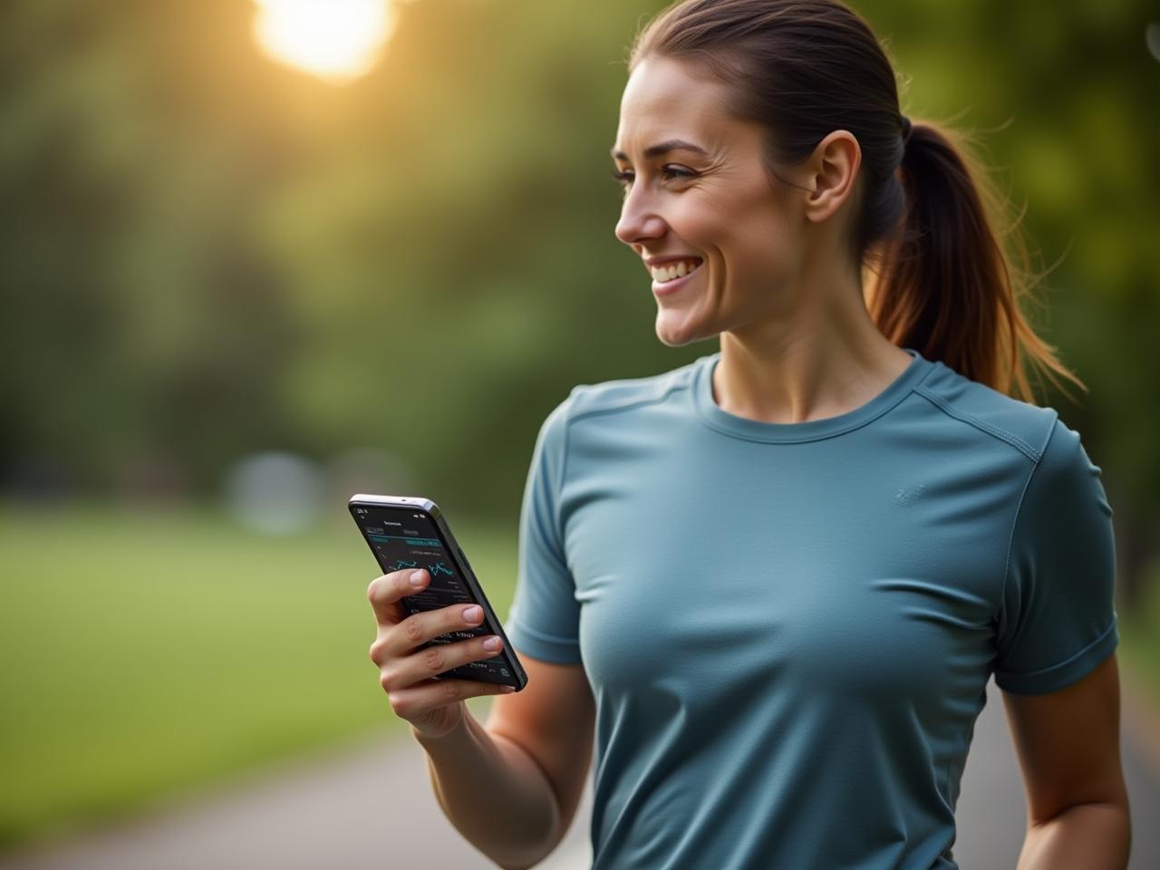 A person wearing a smart shirt while exercising outdoors, with data visualized on a smartphone screen.