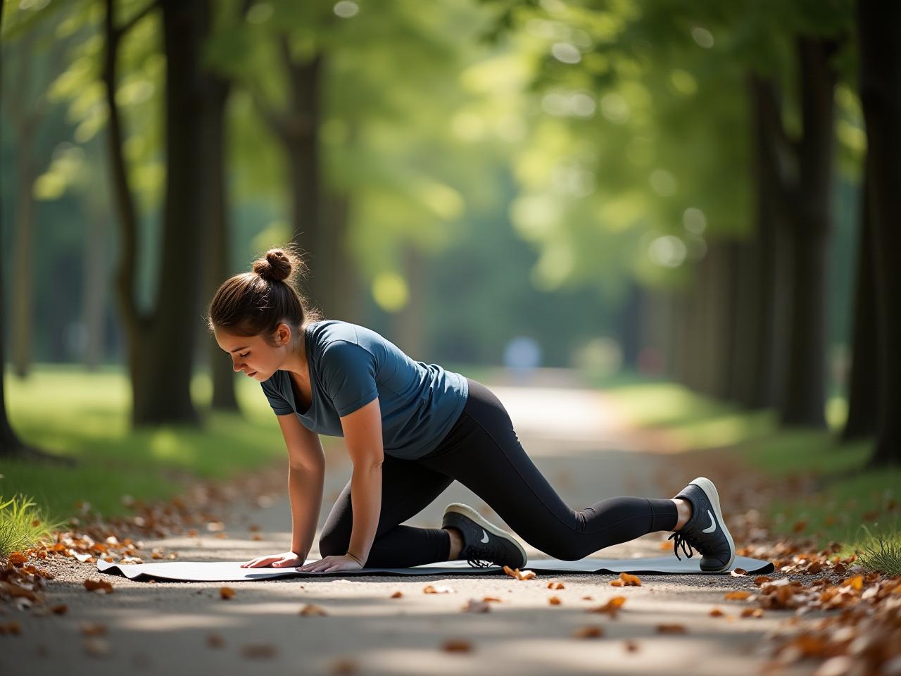 A person crawling on the floor in a park, surrounded by trees, as part of a natural movement exercise.