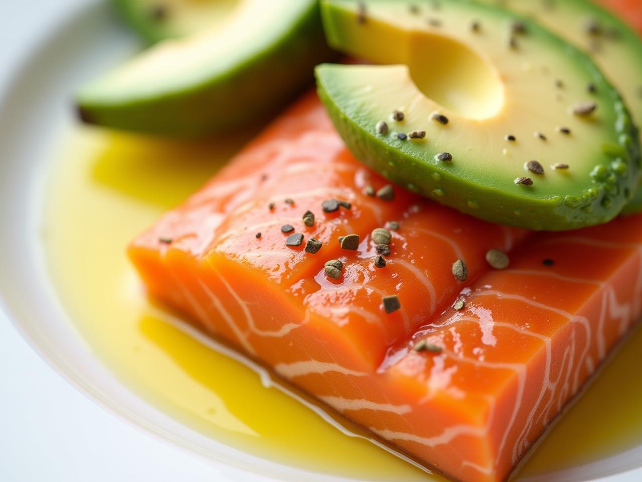 Salmon fillet with avocado slices and olive oil, representing healthy fats.
