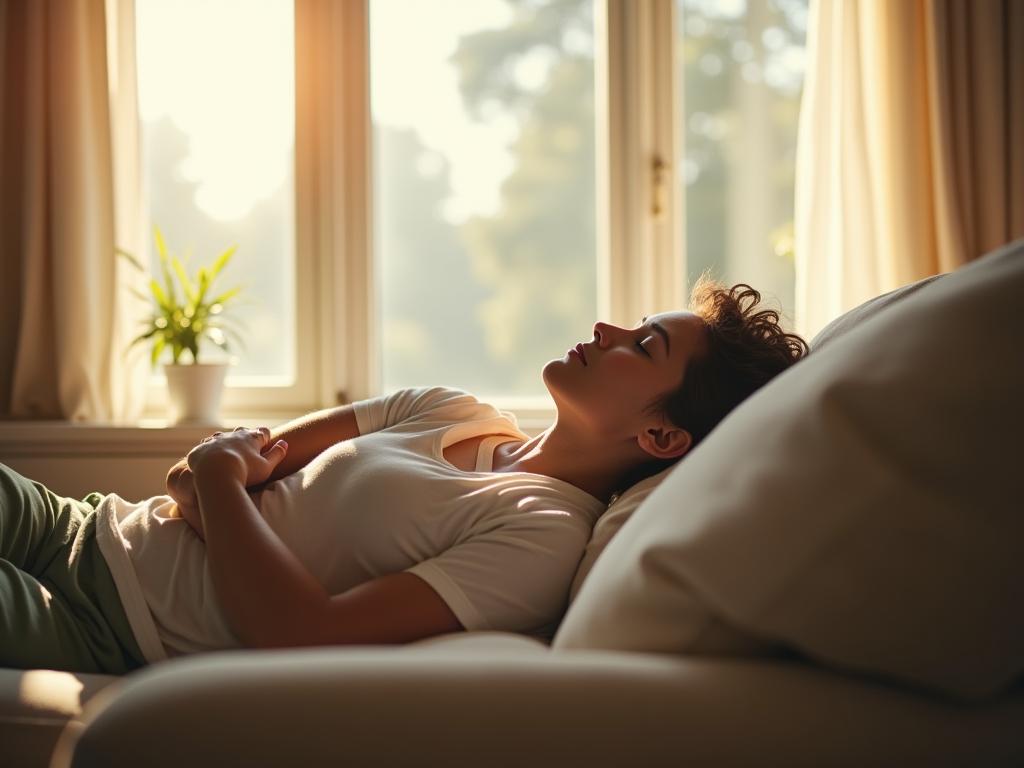 A person taking a short nap on a couch in a sunny room. The image conveys a sense of relaxation and tranquility.