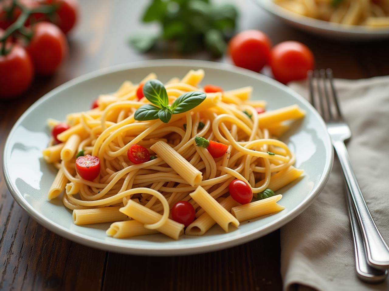A plate of pasta with vegetables on a table, representing the topic of carbohydrates and their impact on hormones.