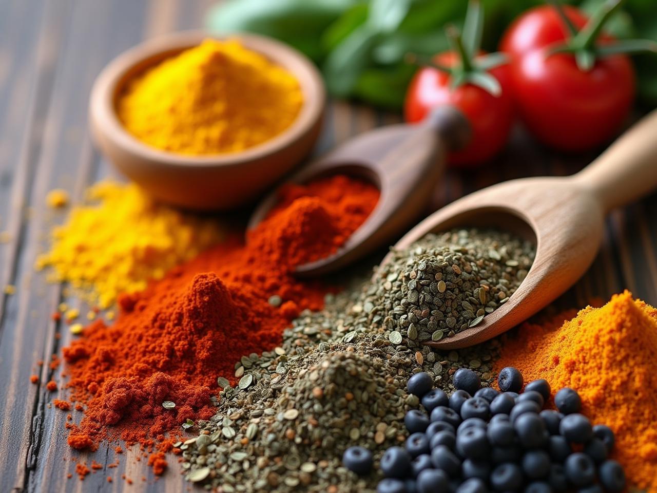 Close up shot of various colorful herbs and spices, arranged artfully on a wooden table, conveying a sense of natural health and traditional wisdom.