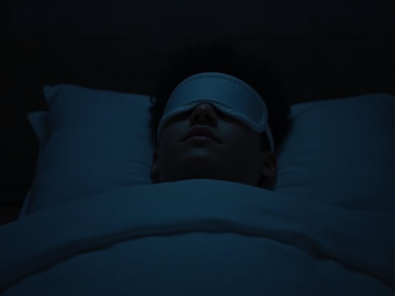 A person wearing a sleep mask in bed, surrounded by darkness.