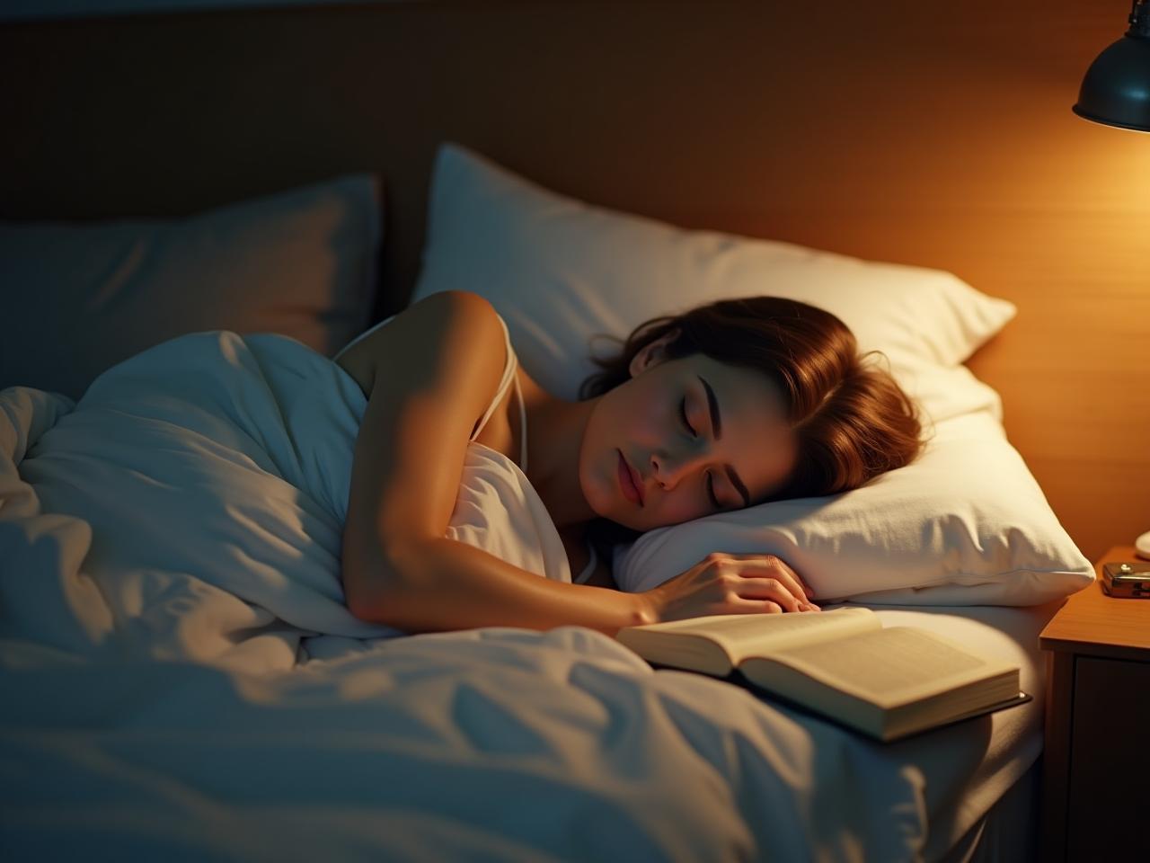 Person sleeping peacefully in a cozy bed, with a soft warm light and a book nearby.