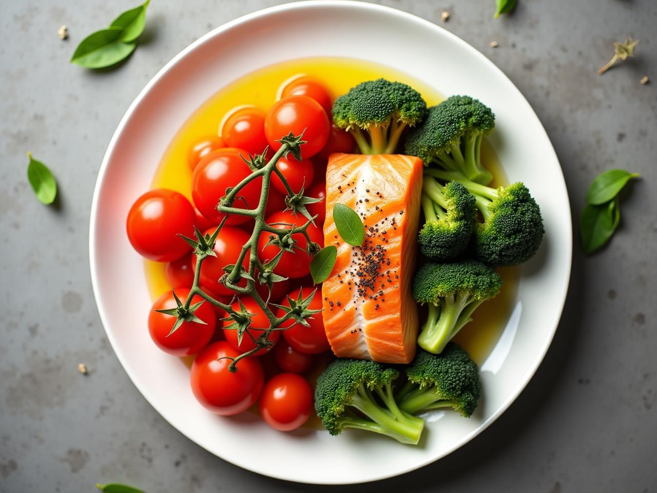 A vibrant plate of food showcasing synergistic food pairings like tomatoes with olive oil and salmon with broccoli.