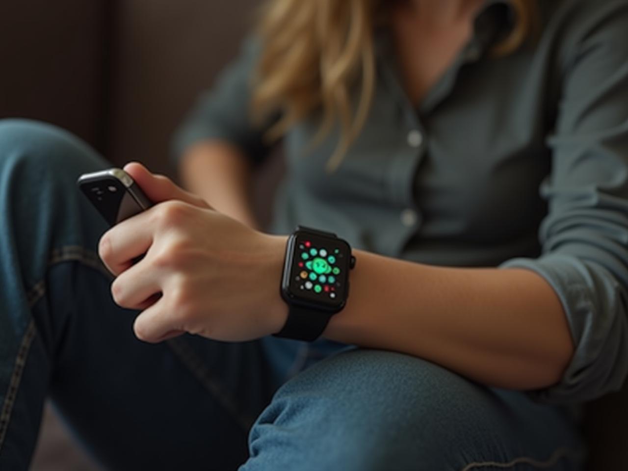 A person using a smart watch to monitor their heart rate variability (HRV) with a focus on understanding mitochondrial function at home.
