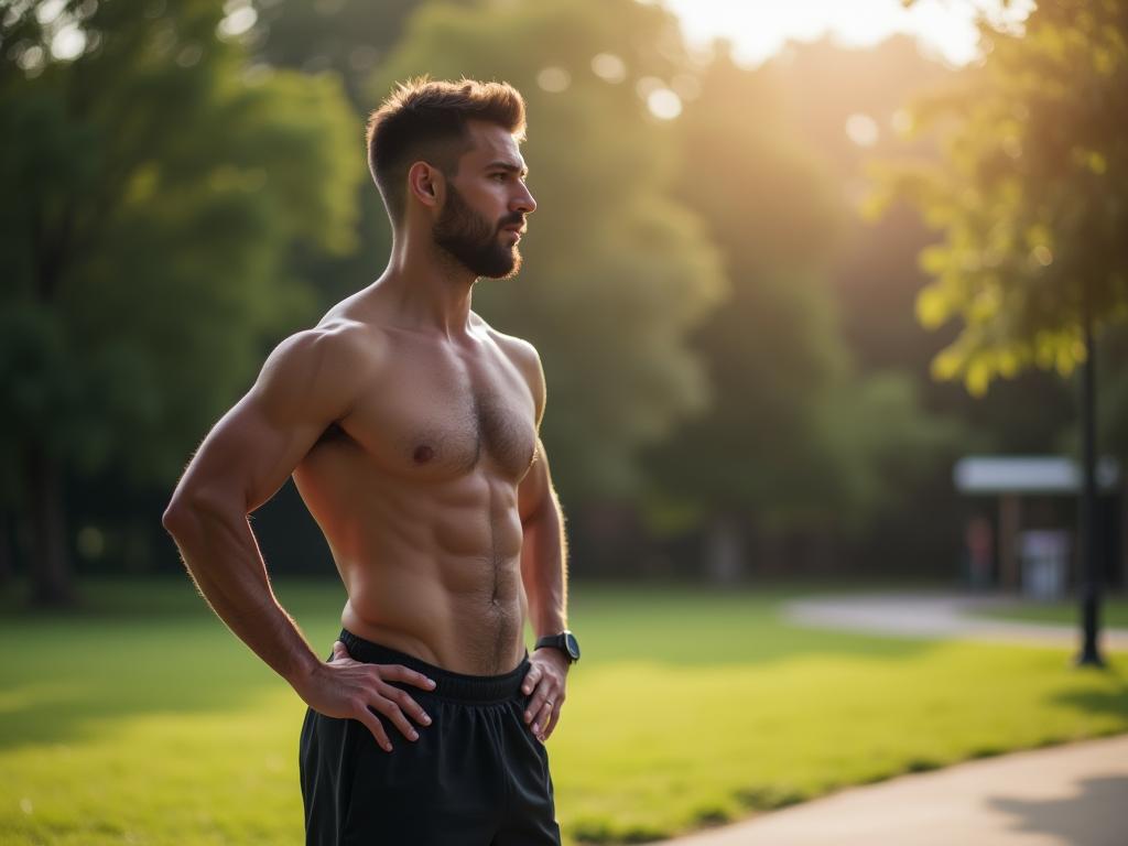 A person standing in a park after a workout, looking thoughtful about their post-workout meal choice.