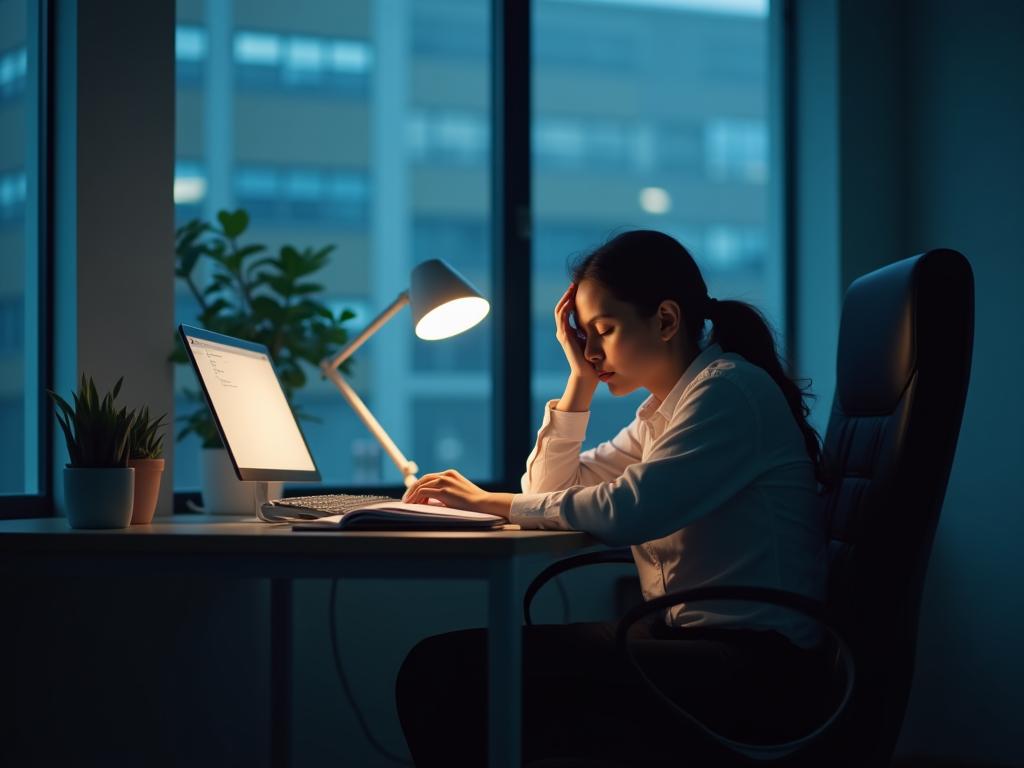 Person struggling to sleep in a brightly lit office environment.