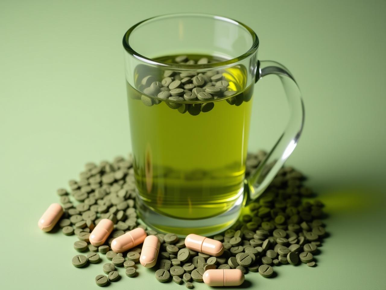 A cup of green tea with green tea leaves and supplements pills scattered around.