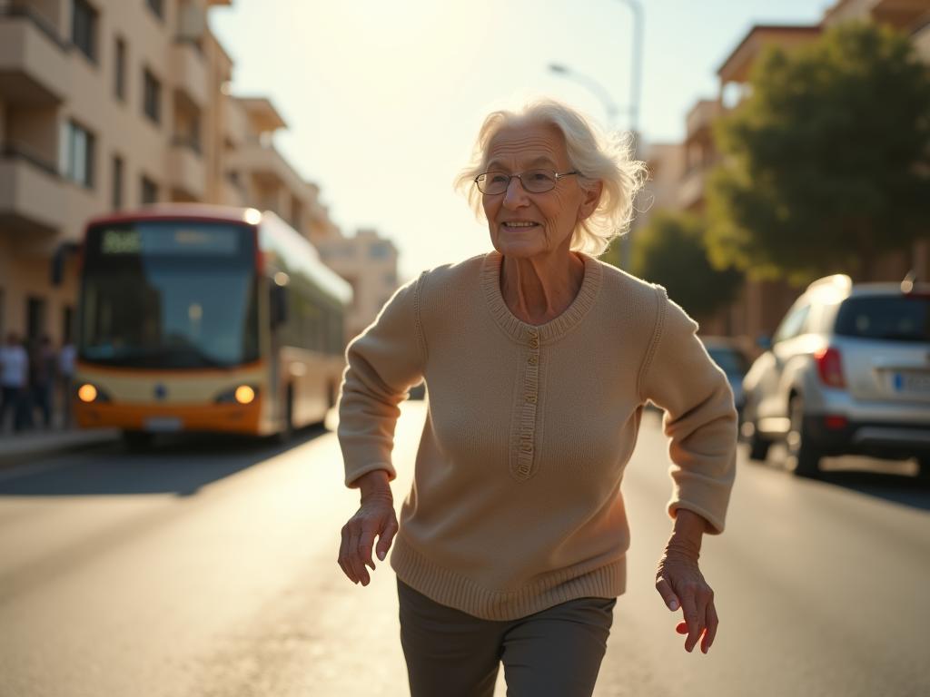 An old woman running to catch a bus in a sunny Israeli street, symbolizing active aging and a healthy lifestyle. The background is blurred with typical Israeli architecture.