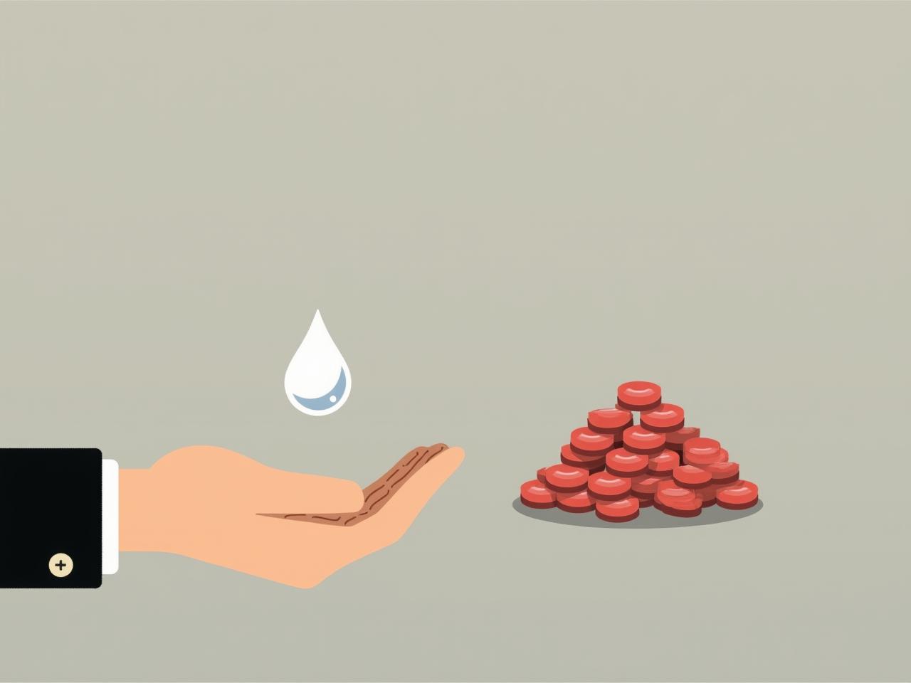 A hand holding a pill with a drop symbol indicating absorption, contrasted with a pile of pills representing high dosage.