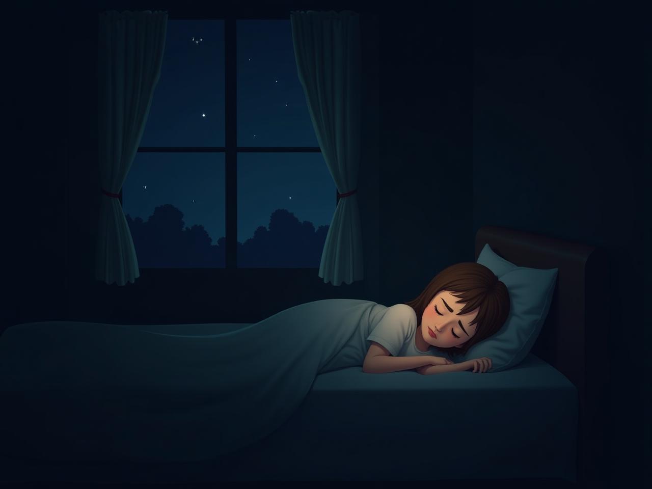 A person sleeping peacefully in a dimly lit room, with stars visible through the window.