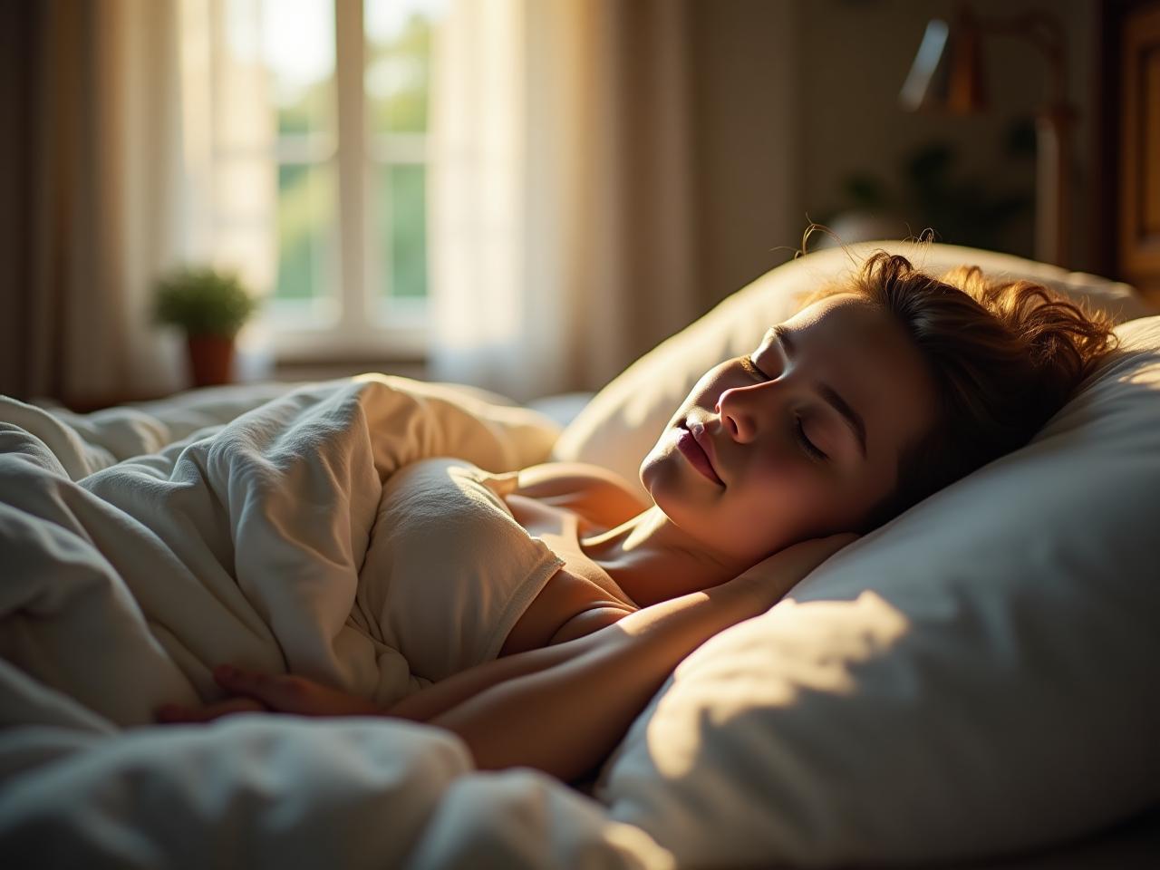 A person peacefully sleeping in a cozy bed, with gentle light filtering through the window.