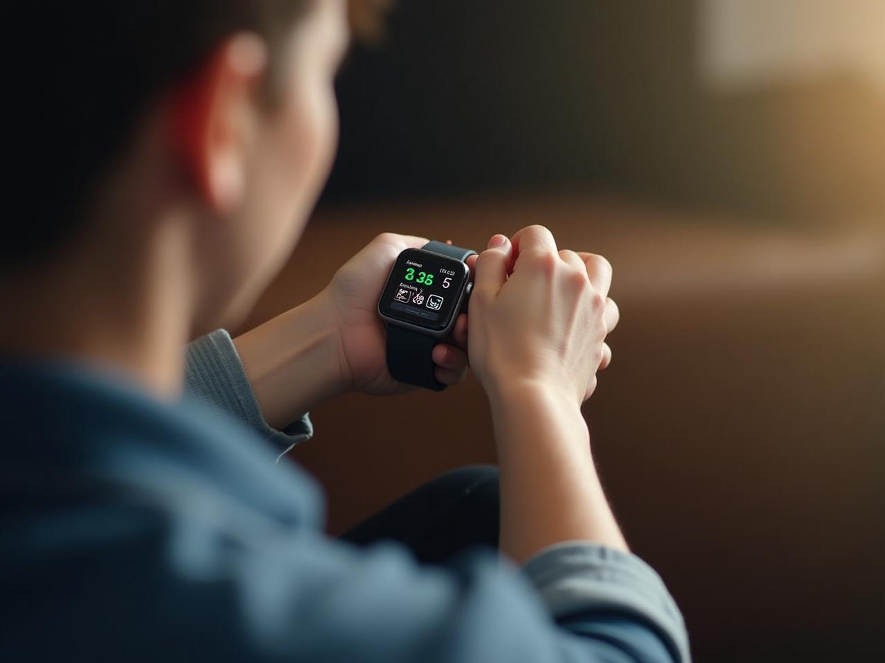 A person wearing a smartwatch, looking at their health data on the screen.