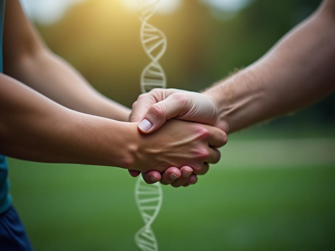 Close-up of hands pressing against each other in an isometric exercise, with a blurred background of a park scene and a subtle DNA strand overlay to symbolize cellular health.