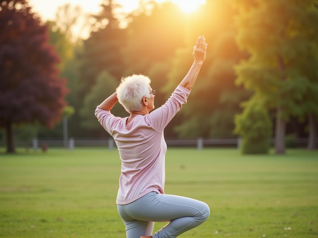 An elderly woman doing yoga outdoors in a park, representing healthy aging and natural movement.