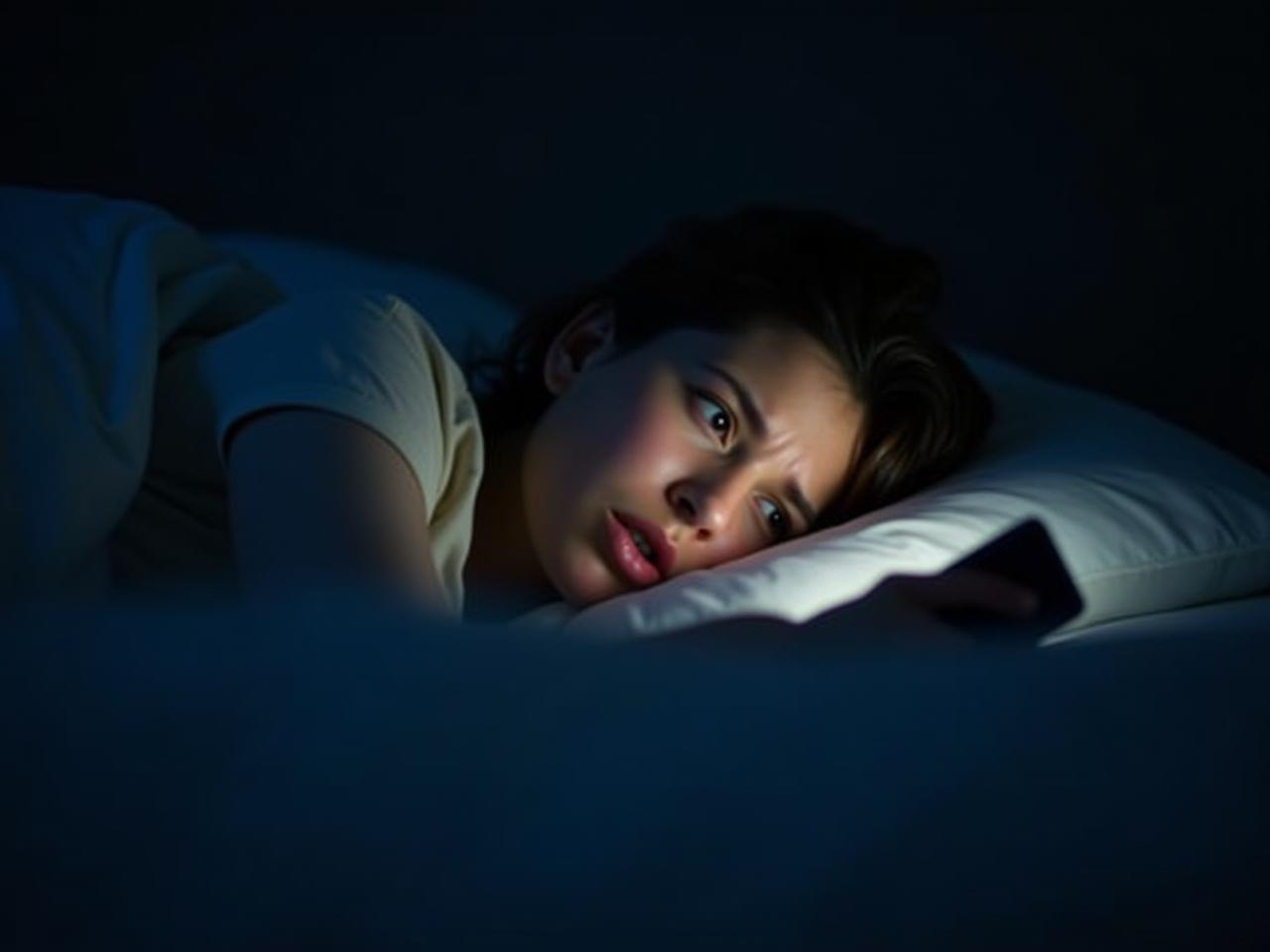 A person lying awake in bed at night, illuminated by the light of their phone, looking frustrated.