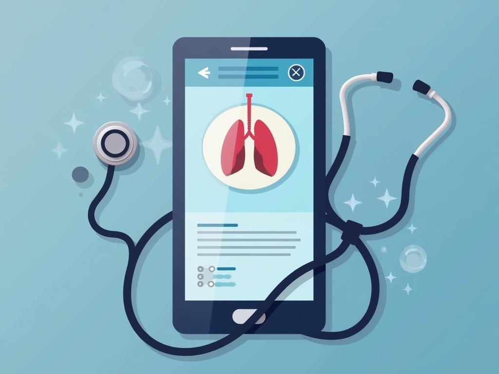 A smartphone displaying a health app analyzing breath sounds, with a stethoscope and a lung illustration in the background.