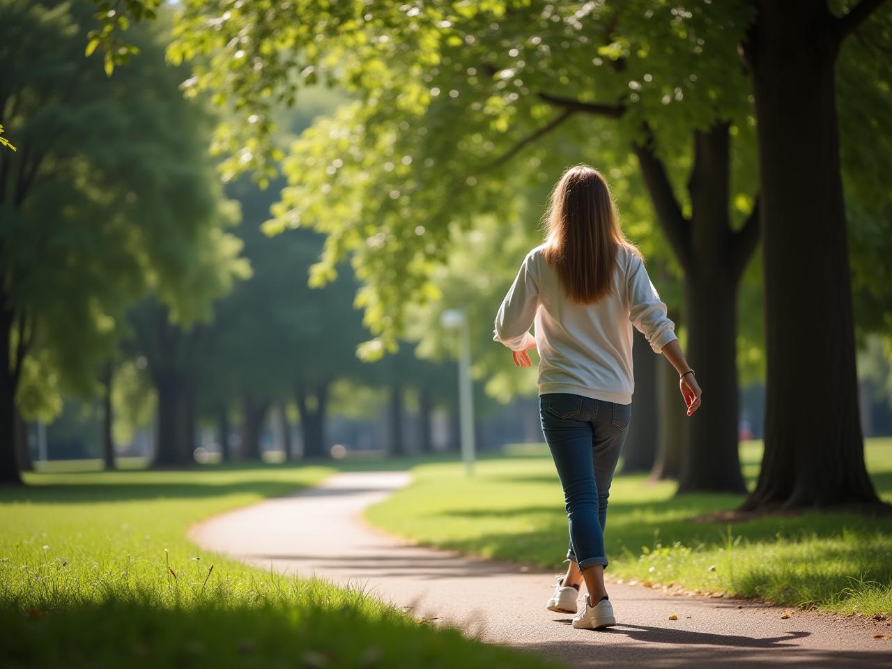 A person moving naturally in a park, emphasizing connection between body and environment.